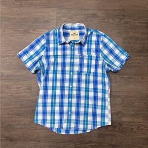 Hollister Men's Sz Large Collared Blue and Green Plaid Button Down SSShirt, EUC